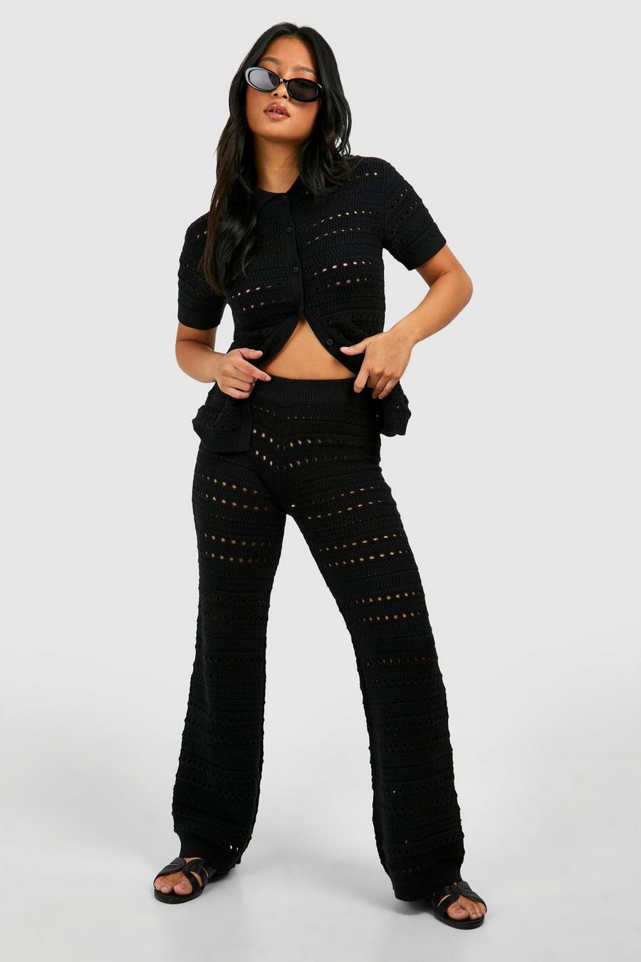 Black Petite Crochet Knitted Shirt And Wide Leg Pants Co-Ord image number 1