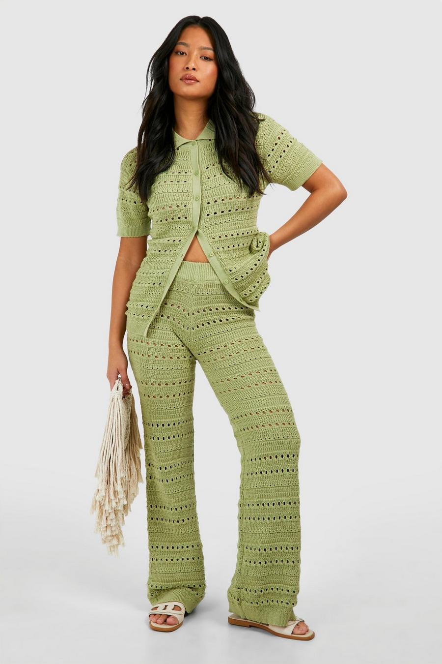 Khaki Petite Crochet Knitted Shirt And Under Leg Trouser Co-ord