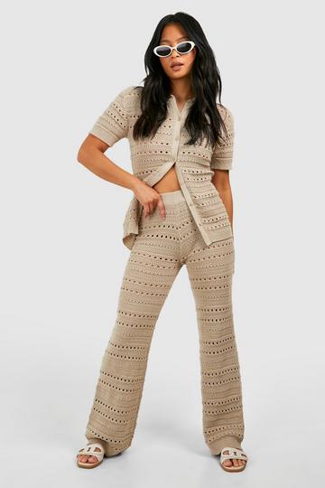 Petite Crochet Knitted Shirt And Wide Leg Trouser Co-ord stone