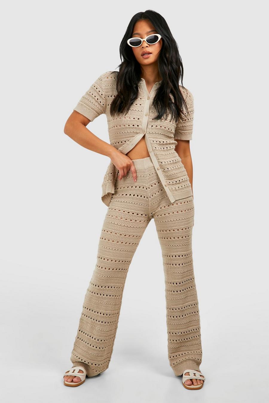 Stone Petite Crochet Knitted Shirt And Wide Leg Trouser Co-ord image number 1
