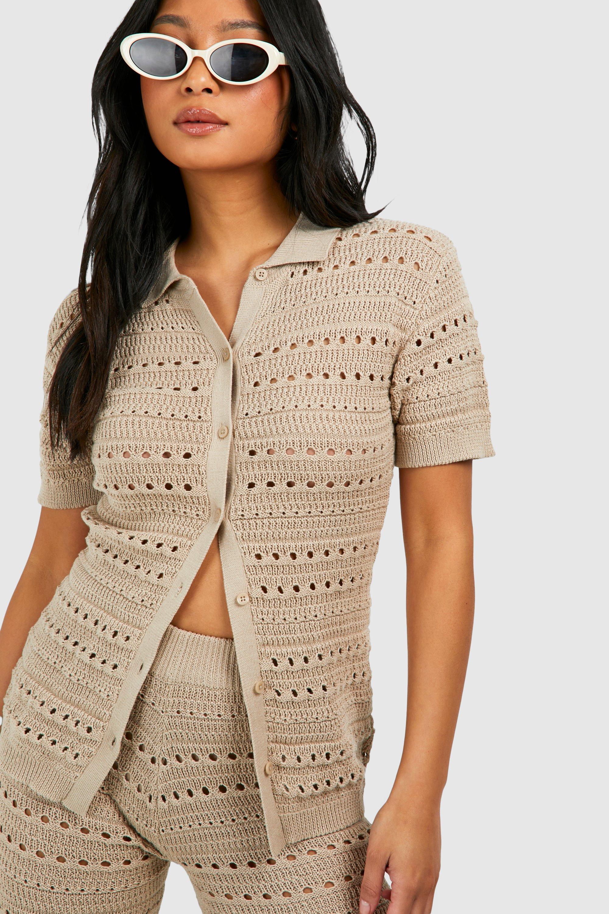 Petite Crochet Knitted Shirt And Wide Leg Pants Two-Piece