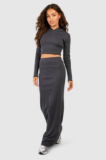 Heavy Weight Rib Cropped Hoodie And Skirt Set charcoal