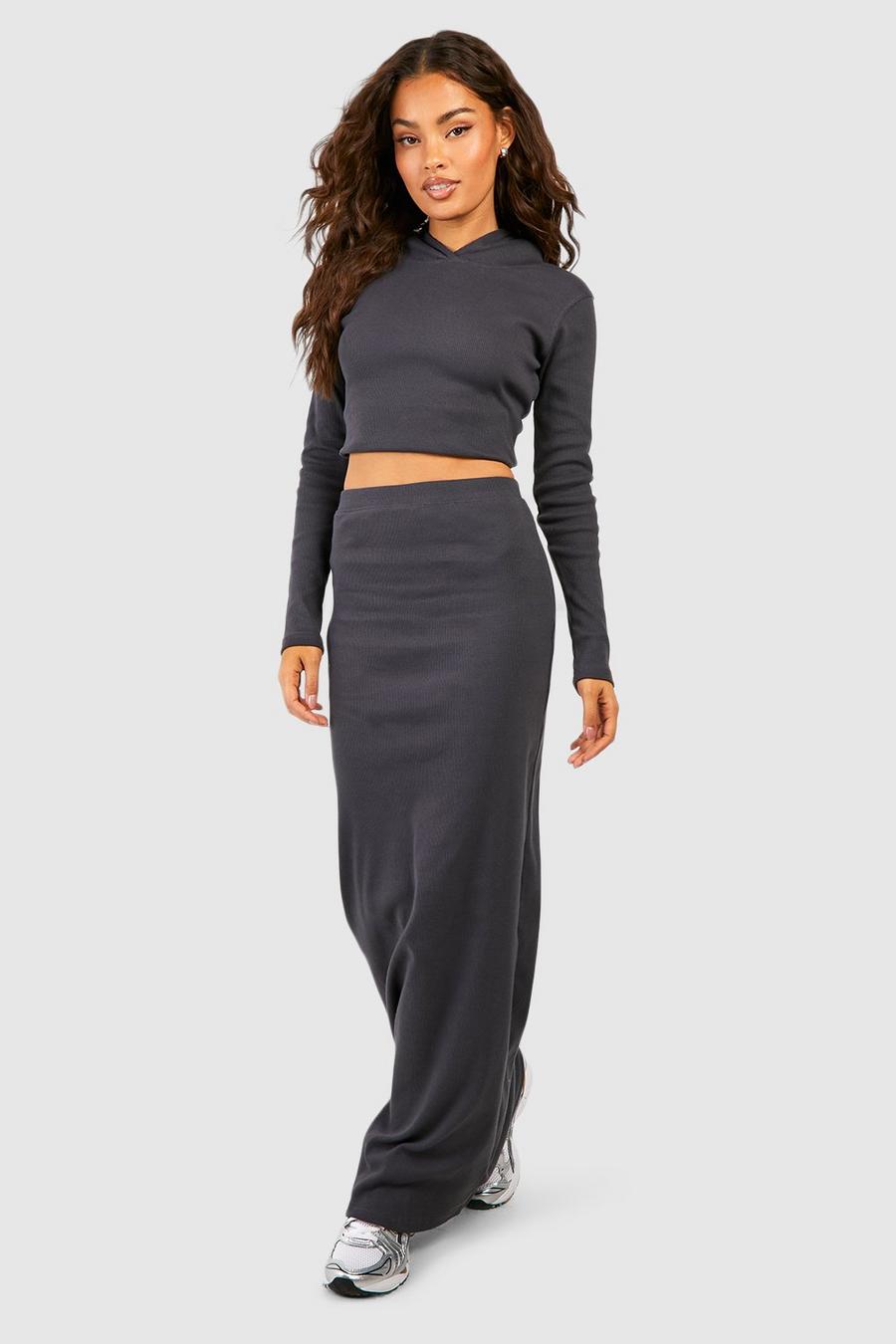 Charcoal grey Heavy Weight Rib Cropped Hoodie And Skirt Set