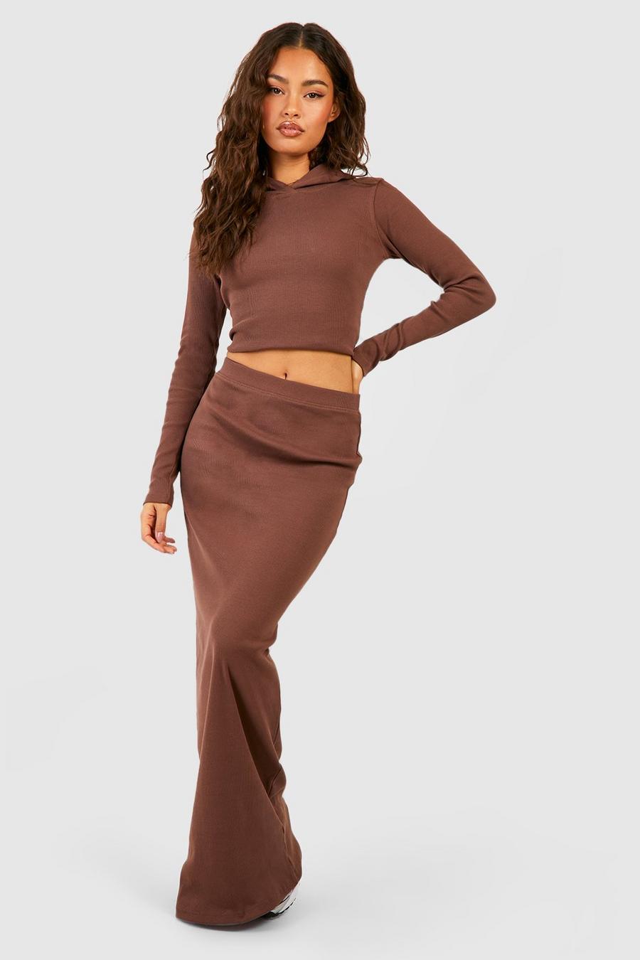 Mocha Heavy Weight Rib Cropped Hoodie And Skirt Set