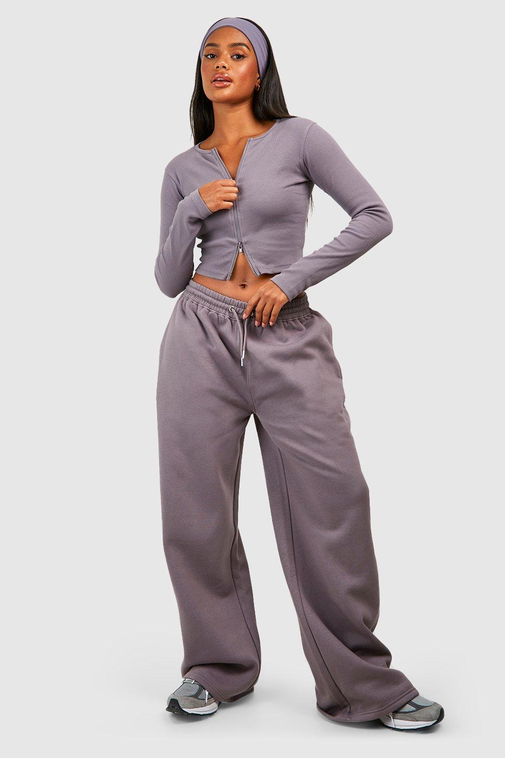 Women's Double Zip Long Sleeve Rib Top And Straight Leg Jogger Set