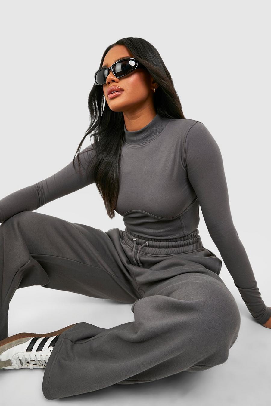Charcoal Underbust Seam Rib Top And Straight Leg Track Pants Set image number 1