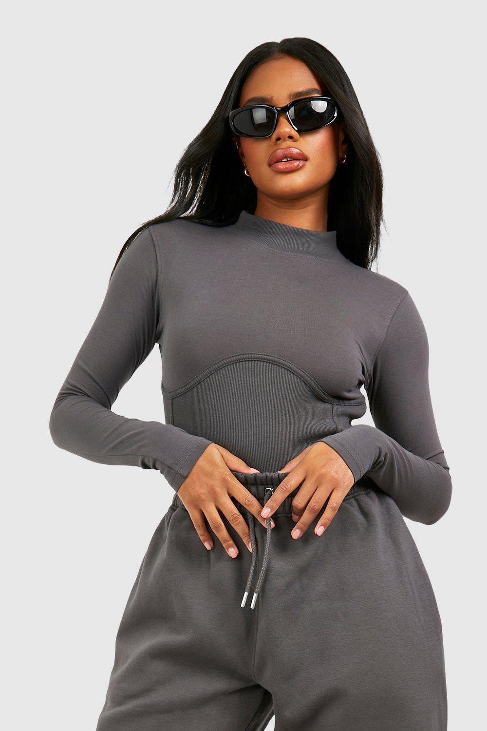 Buy Boohoo Basic Rib Straight Neck Bodysuit In Grey