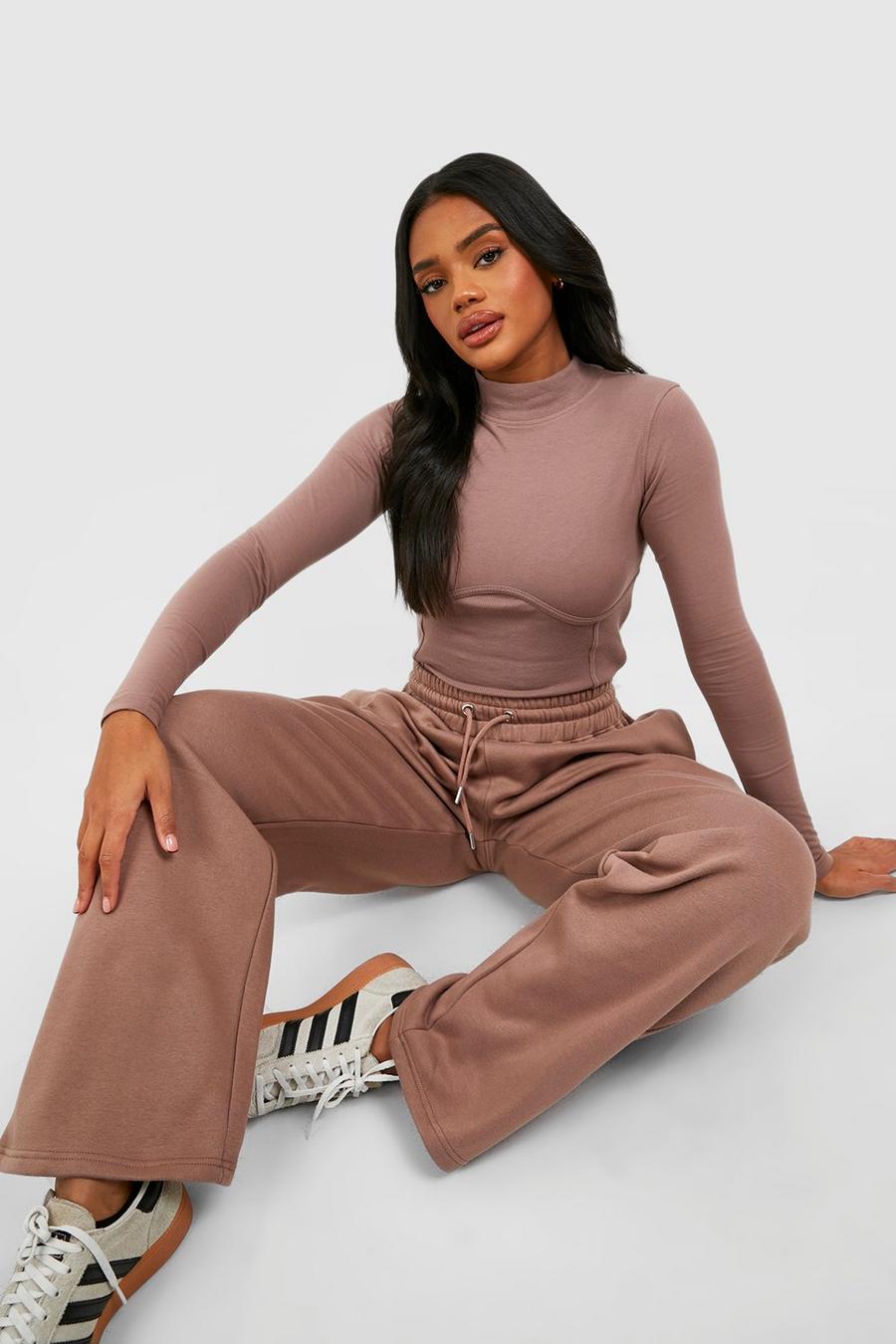 Taupe Underbust Seam Rib Top And Straight Leg Jogger Set image number 1