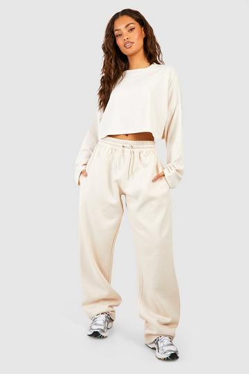 Stone Beige Boxy Long Sleeve Top And Straight Leg Jogger Set