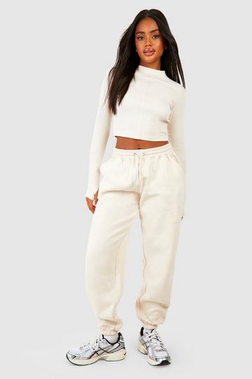 Seam Detail Long Sleeve Top And Cuffed Oversize Jogger Set stone