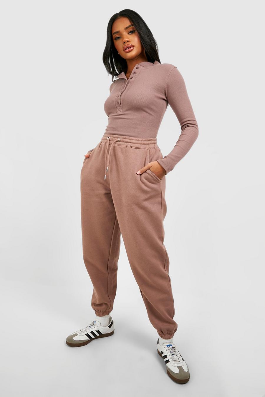 Taupe Button Detail Bodysuit And Cuffed Oversized Track Pants Set image number 1