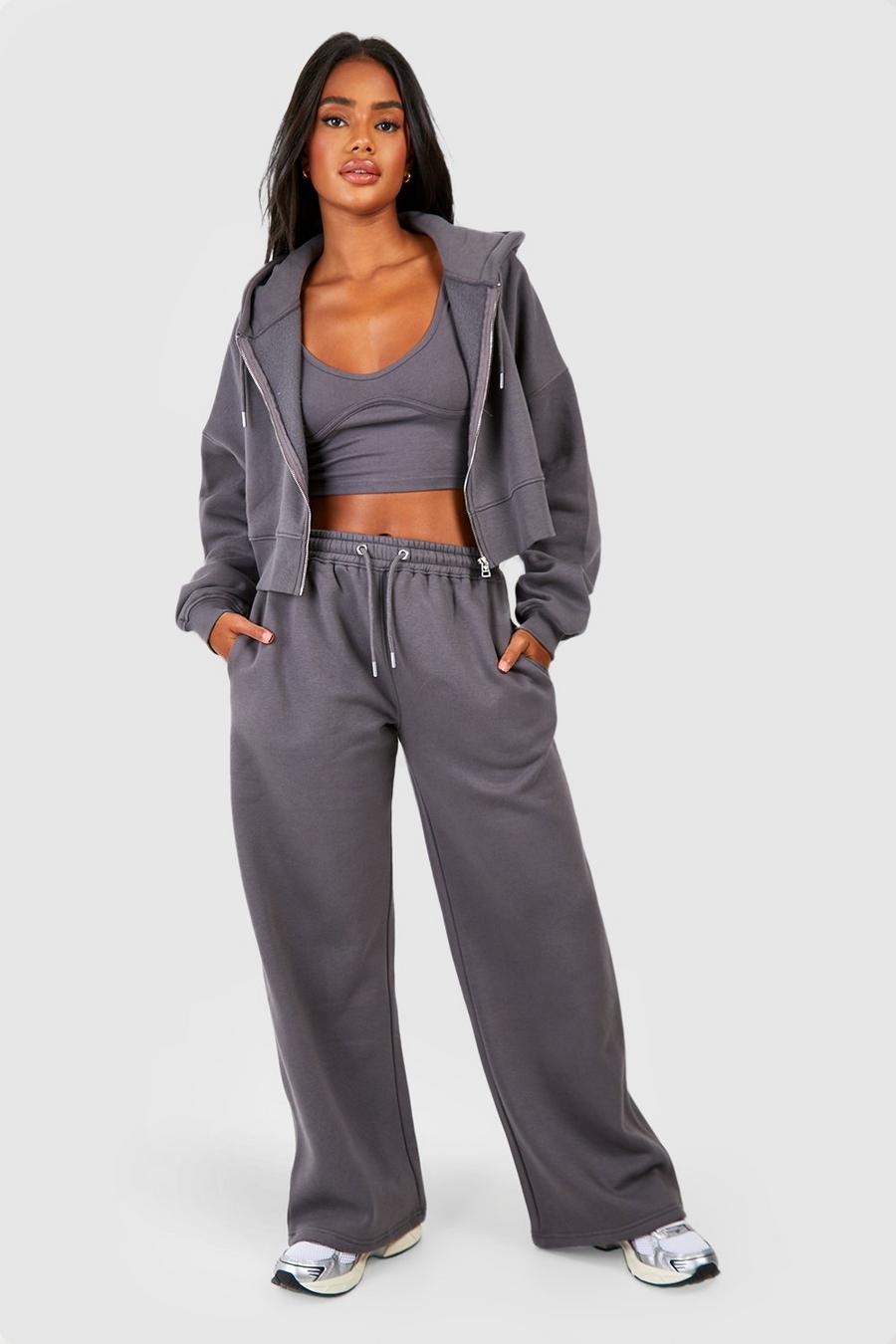 Charcoal grey Seam Detail Crop Top 3 Piece Hooded Tracksuit