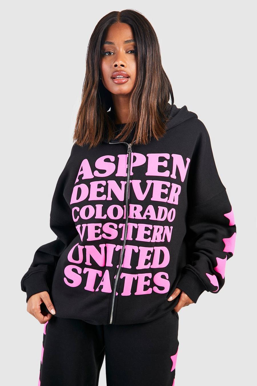 Black Oversize hoodie med dragkedja och slogan image number 1