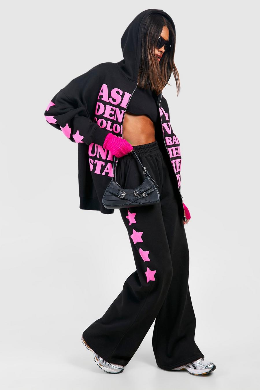 Pantalón deportivo recto con eslogan de estrella y estampado en relieve, Black image number 1