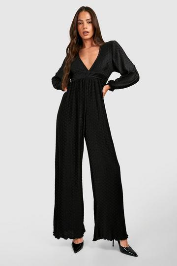 Wave Plisse Plunge Wide Leg Jumpsuit black