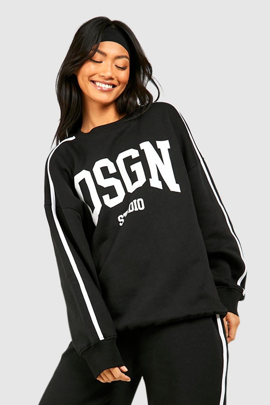 Oversize Sweatshirt mit Dsgn Studio Slogan und Seitenstreifen, Black