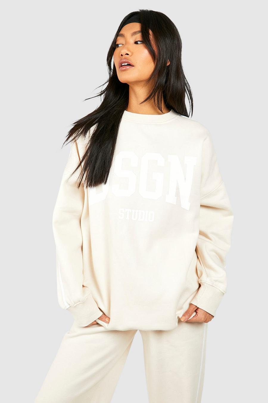 Oversize Sweatshirt mit Dsgn Studio Slogan und Seitenstreifen, Stone