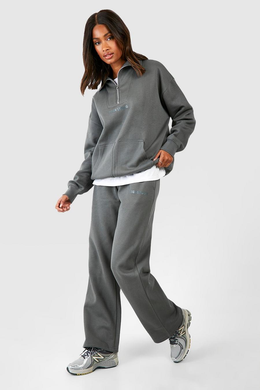 Charcoal Cropped Half Zip Sweatshirt And Cuffed Jogger Tracksuit