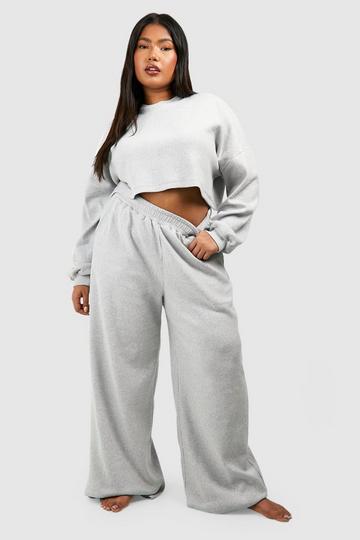 Plus Geborstelde Geribbelde Joggingbroek Met Rechte Pijpen En Boxy Crop Top Set ash grey