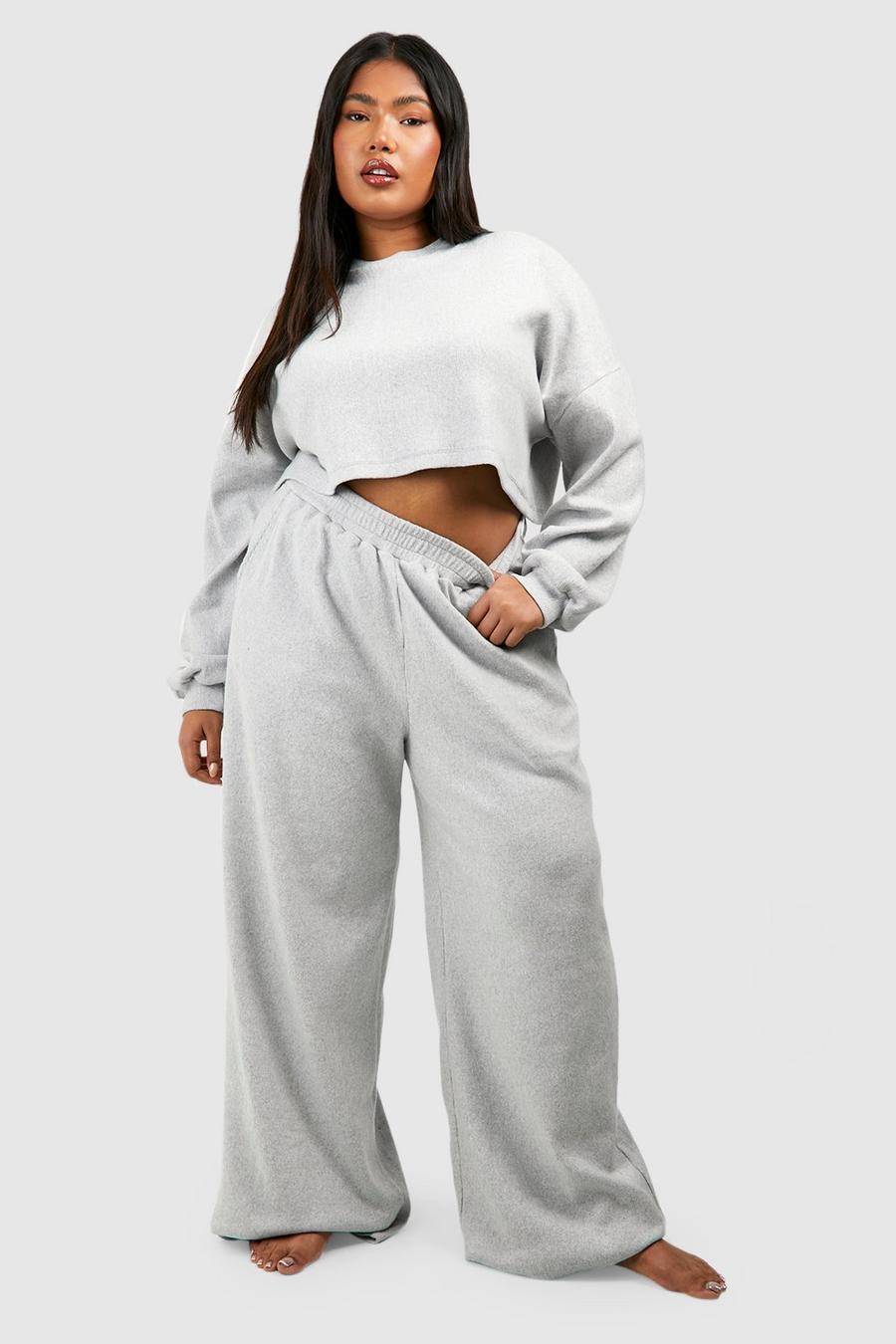 Ash grey Plus Brushed Rib Straight Track Pants And Boxy Crop Set image number 1