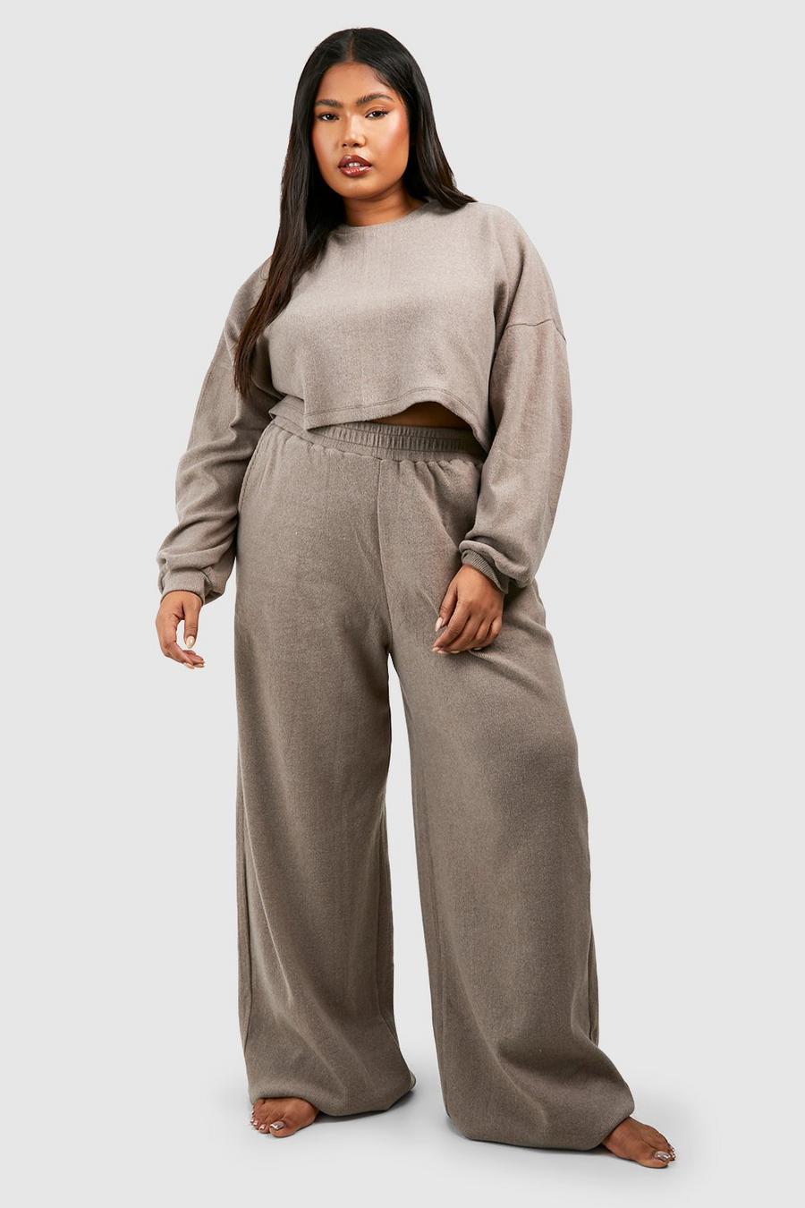Taupe Plus Brushed Rib Straight Jogger And Boxy Crop Set