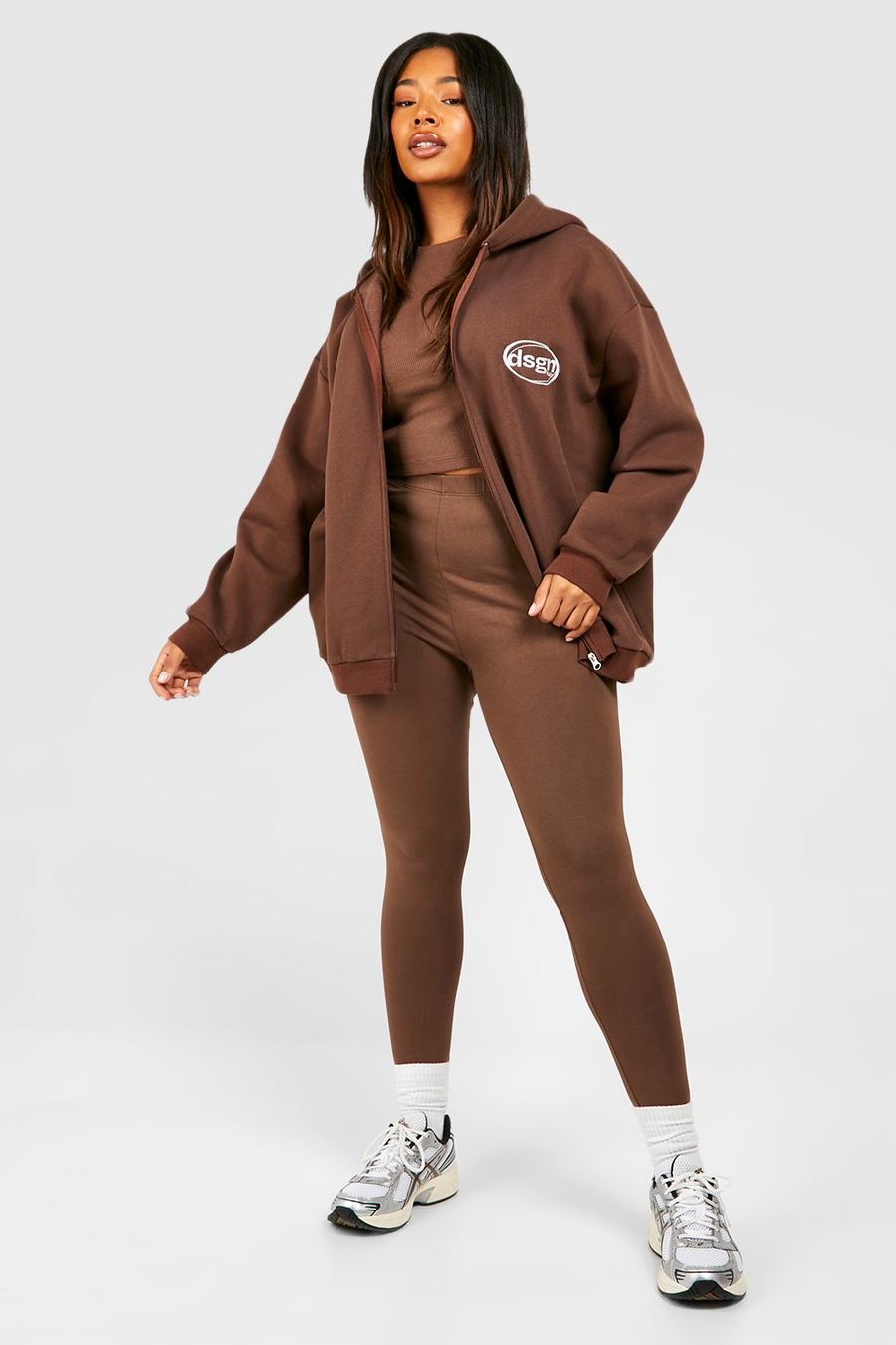 Plus Hoodie-Trainingsanzug mit Leggings und Reißverschluss, Chocolate image number 1