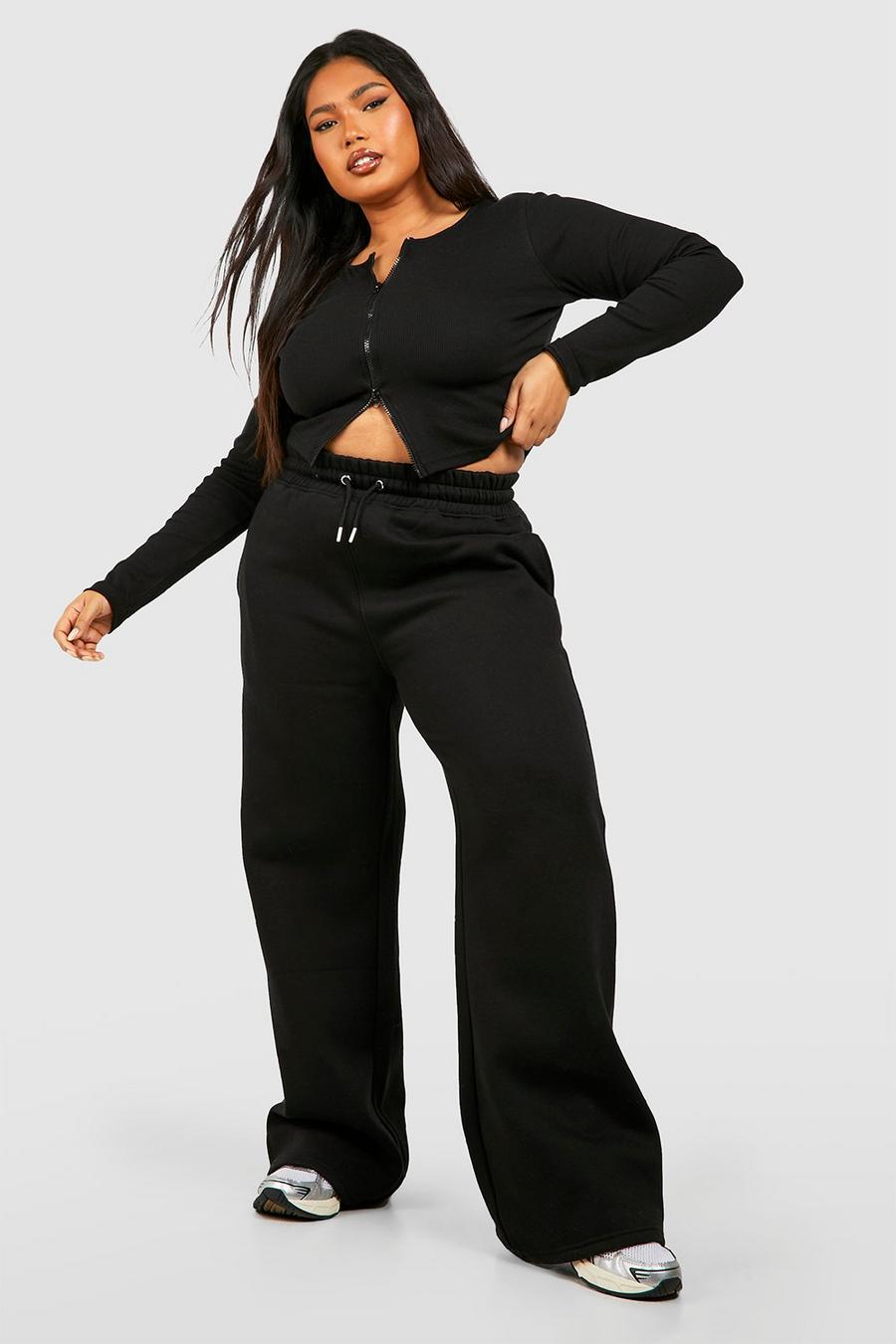 Black Plus Double Zip Long Sleeve Rib Top And Straight Leg Set