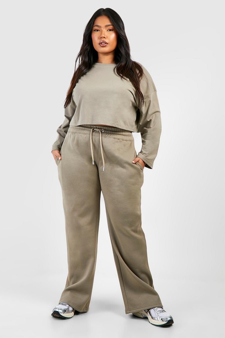 Khaki Plus Boxy Long Sleeve Top And Straight Leg Track Pants Set