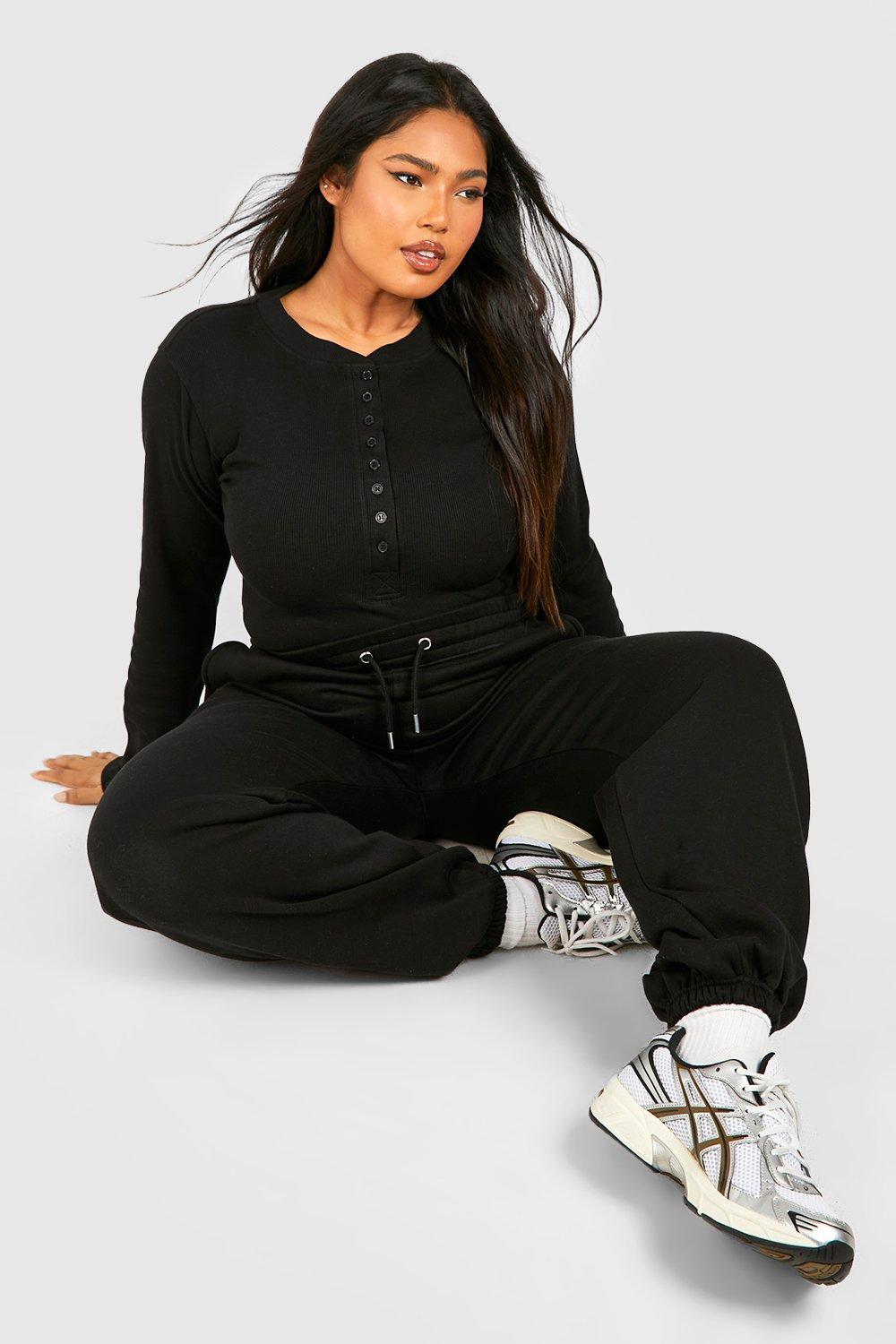 Women's Plus Button Detail Bodysuit And Cuffed Oversized Jogger Set