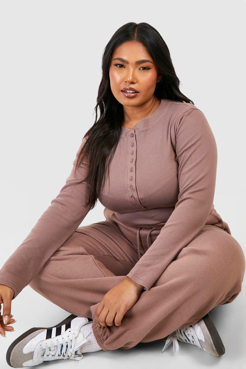 Women's Plus Button Detail Bodysuit And Cuffed Oversized Jogger Set