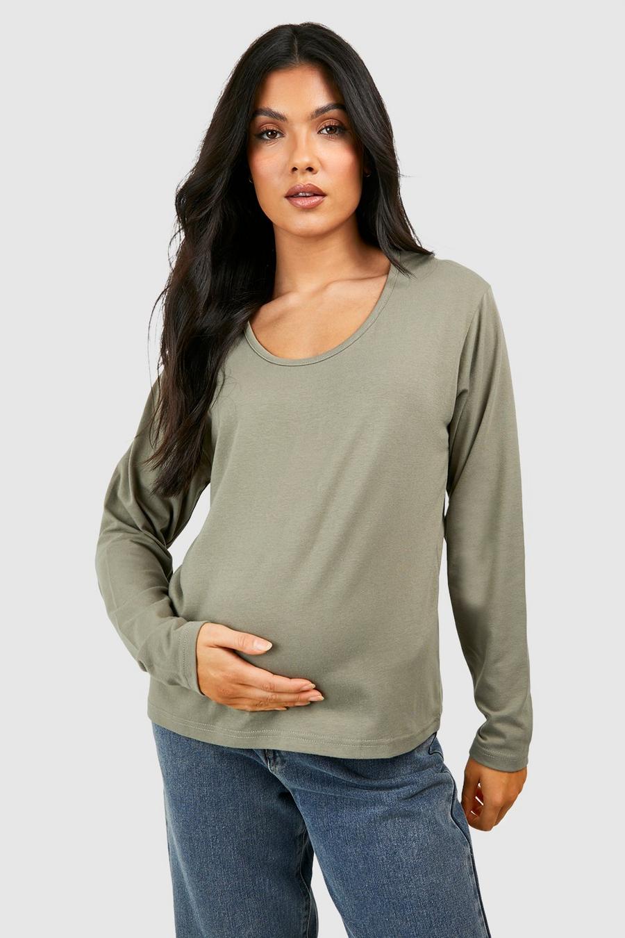 Khaki Maternity Basic Long Sleeve Scoop Neck T-shirt image number 1