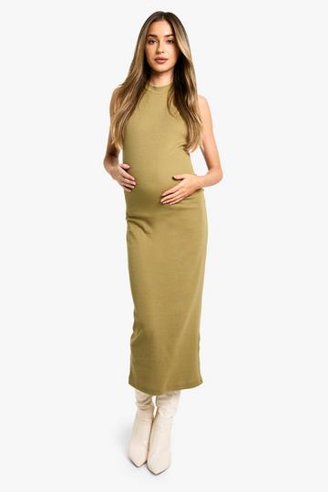 Khaki Maternity Basic High Neck Racerback Midi Dress