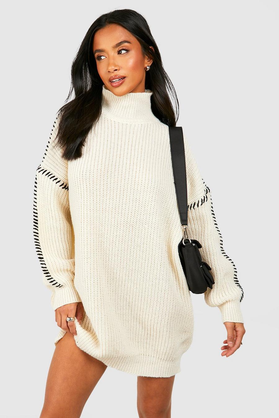 Cream Petite Contrast Stitch Sweater Dress