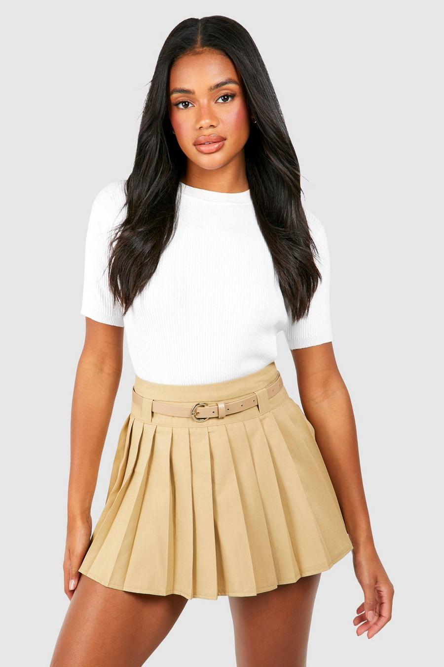 Stone Belted Pleated Mini Skirt 