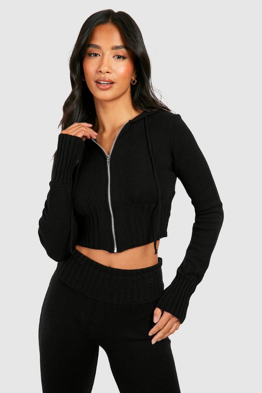 Black Petite Knitted Cropped Zip Through Hoodie image number 1