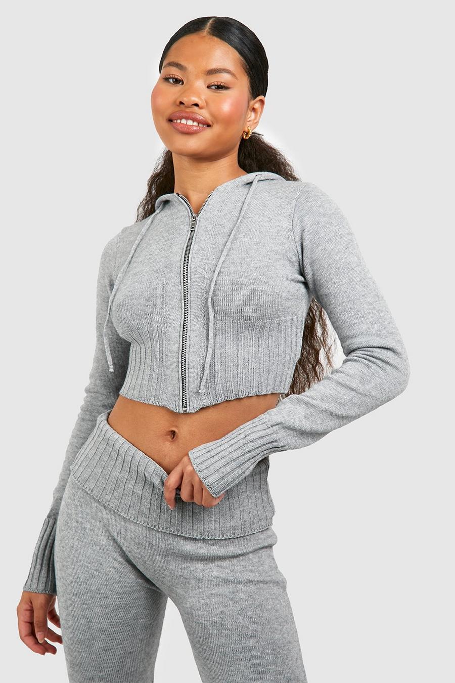 Grey Petite Knitted Cropped Zip Through Hoodie image number 1
