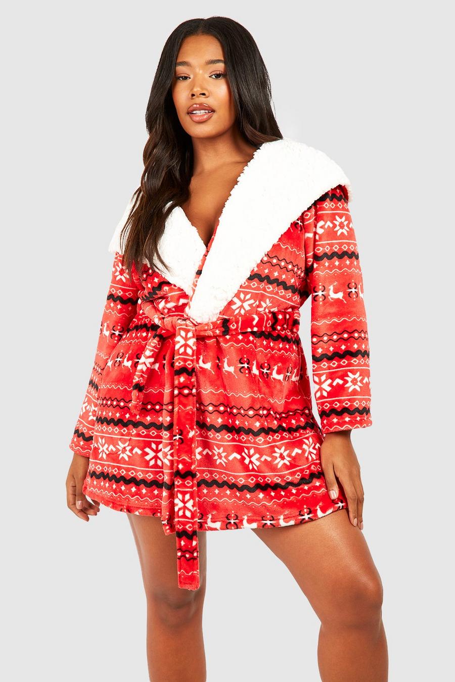 Vestaglia Plus Size natalizia in fleece con motivi Fairsle, Red image number 1