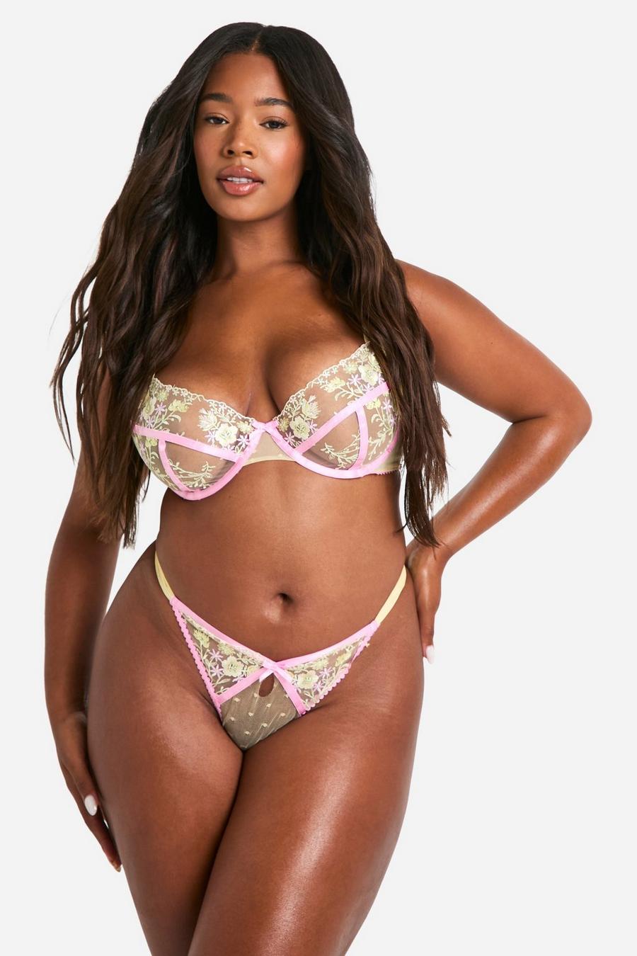 Pink Mesh Floral Embroidered Thong image number 1