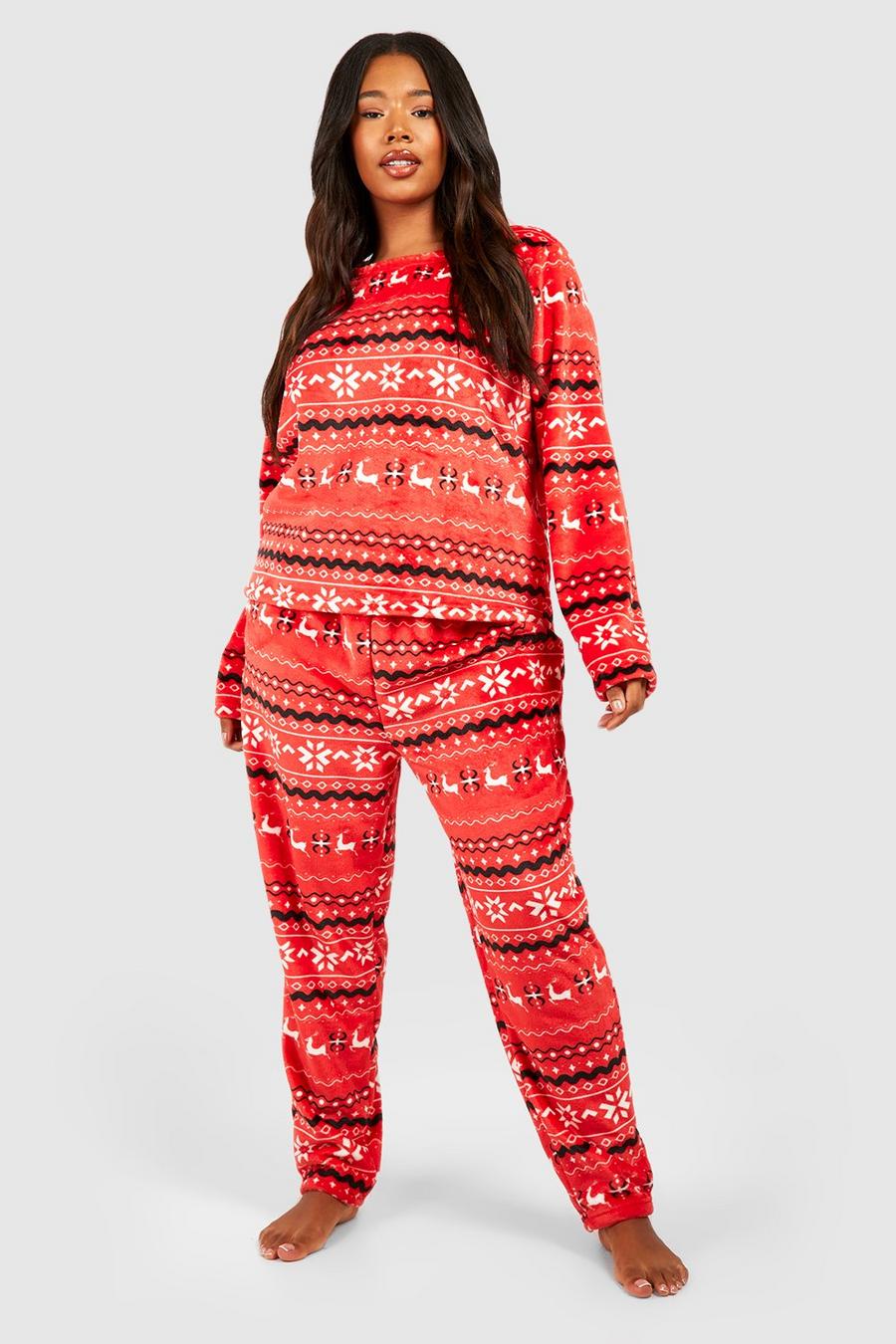 Set Plus Size maglione in fleece con cuori e motivi Fairsle & pantaloni, Red image number 1