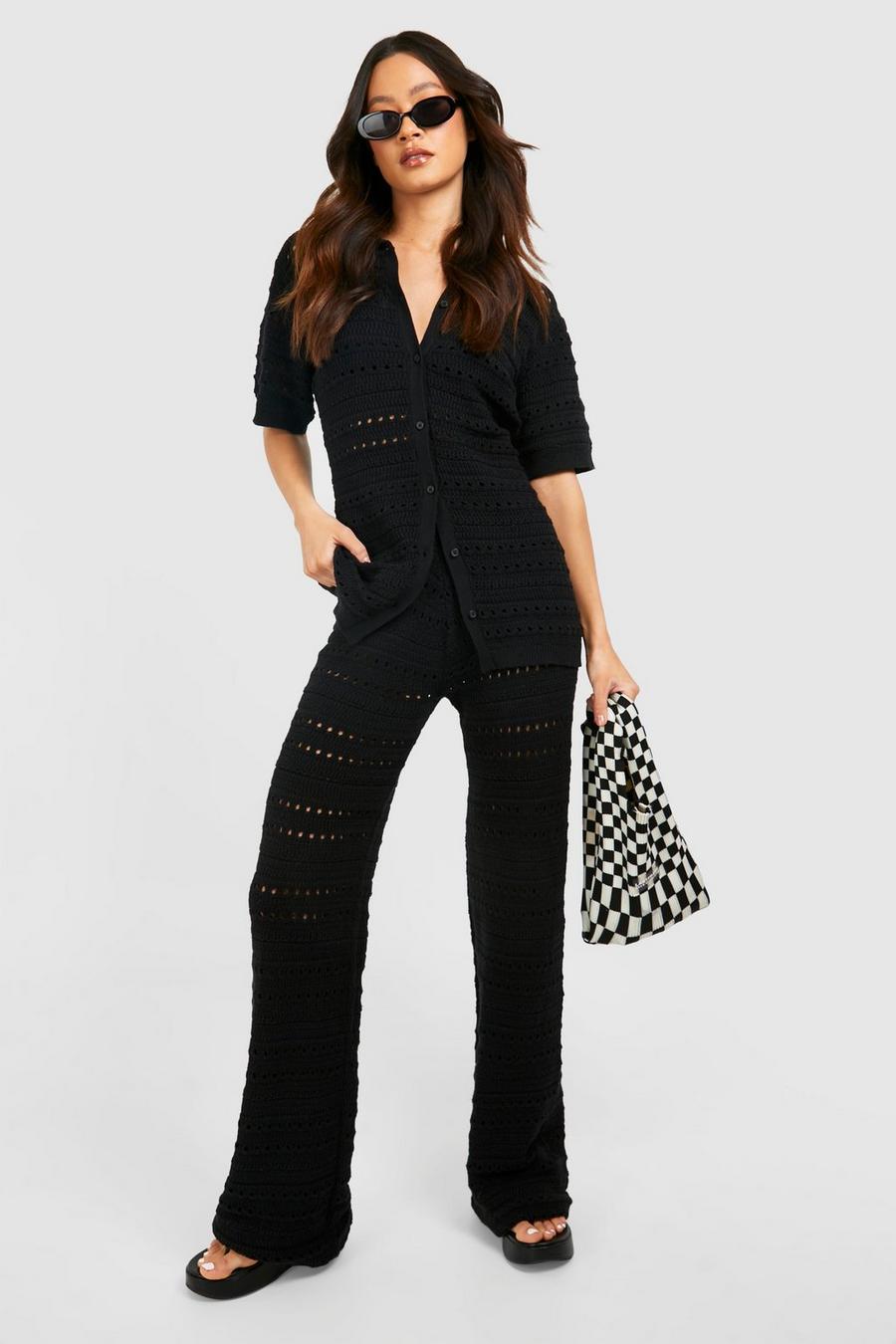 Black Tall Knitted Shirt And Wide Leg Pants Two-Piece image number 1