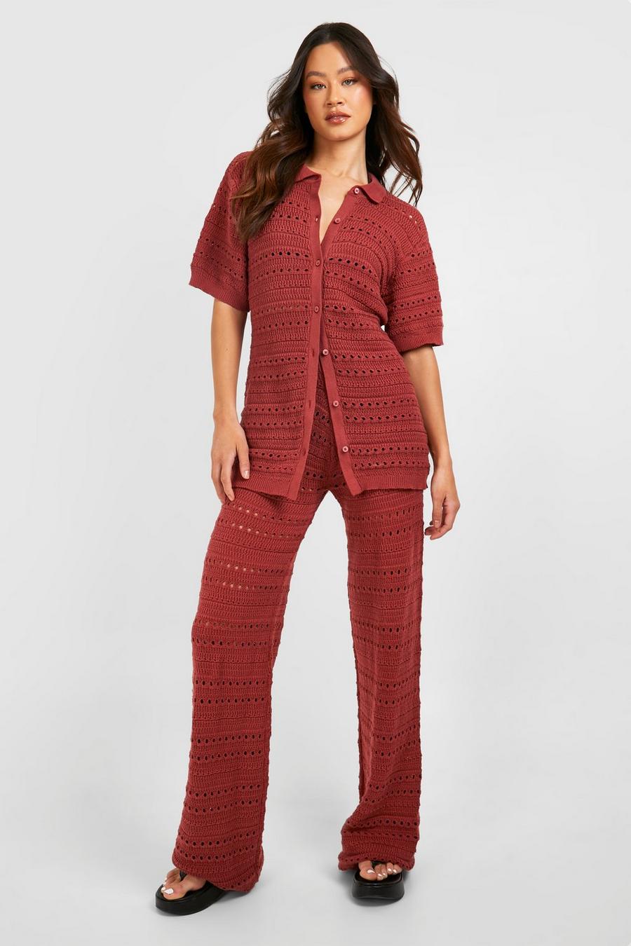 Red Tall Knitted Shirt And Wide Leg Pants Co-Ord
