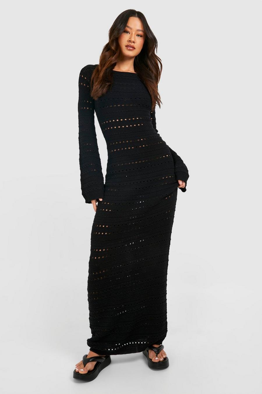 Black Tall Crochet Tie Back Knitted Maxi Dress image number 1