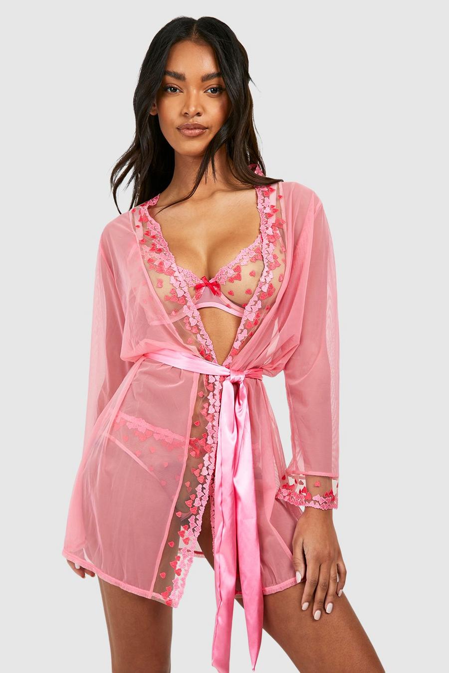 Pink Heart Mesh Lace Edge Robe  image number 1