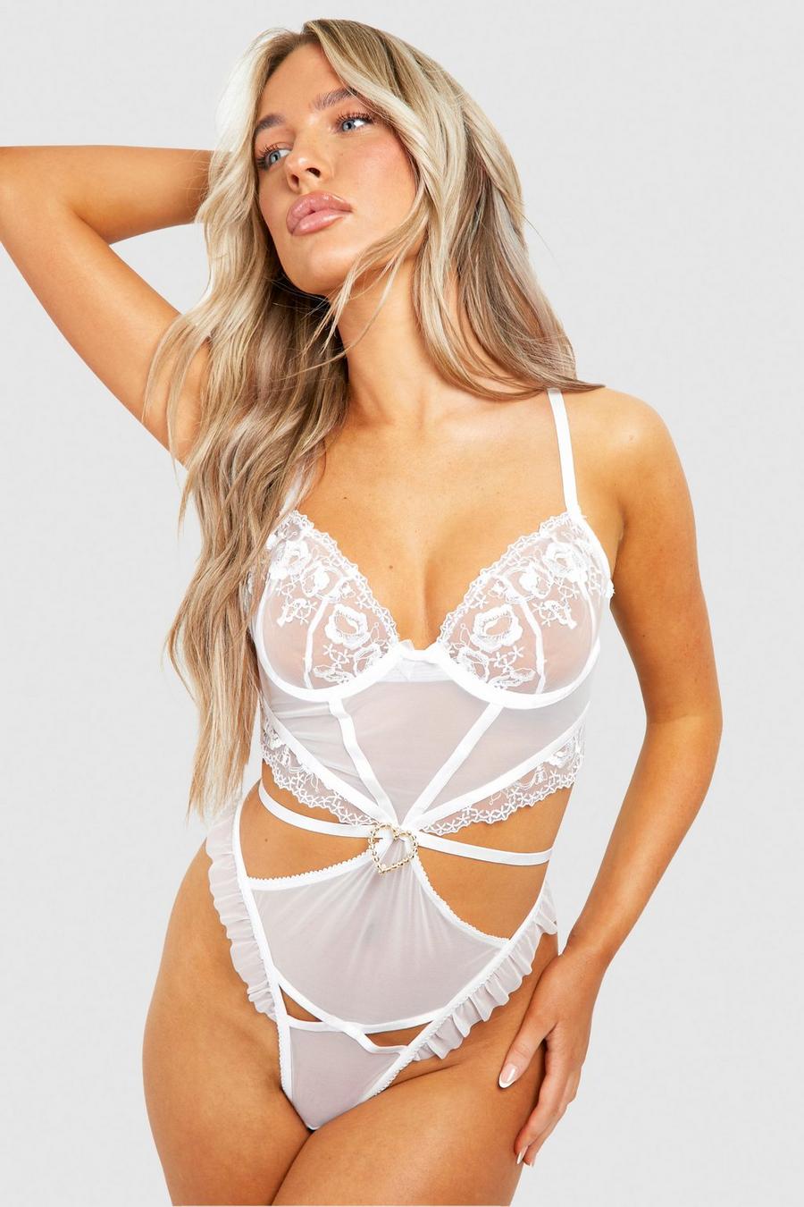 White Floral Lace Frill Detail Bodysuit image number 1