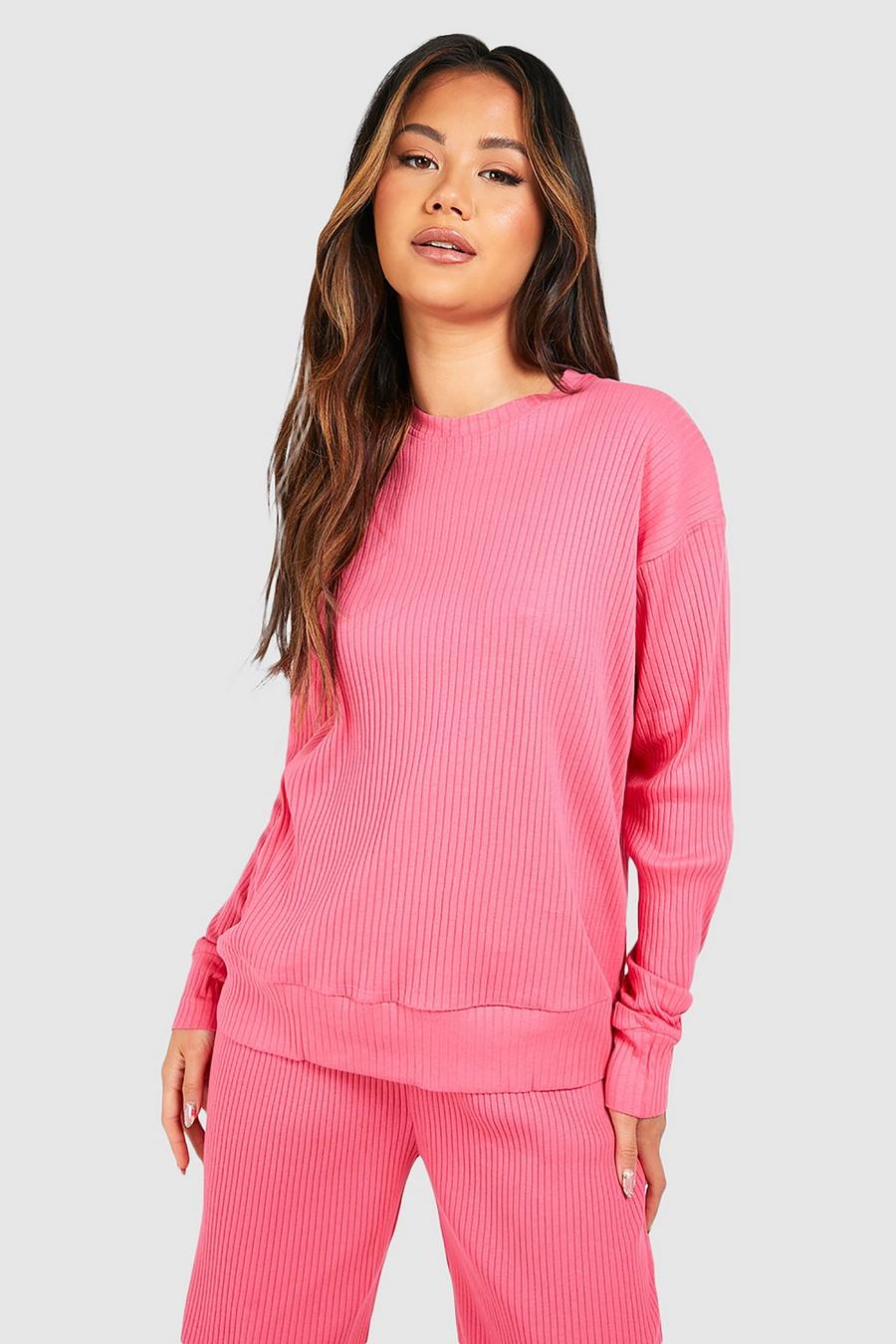 Pink Oversized Long Sleeve Rib T Shirt  image number 1