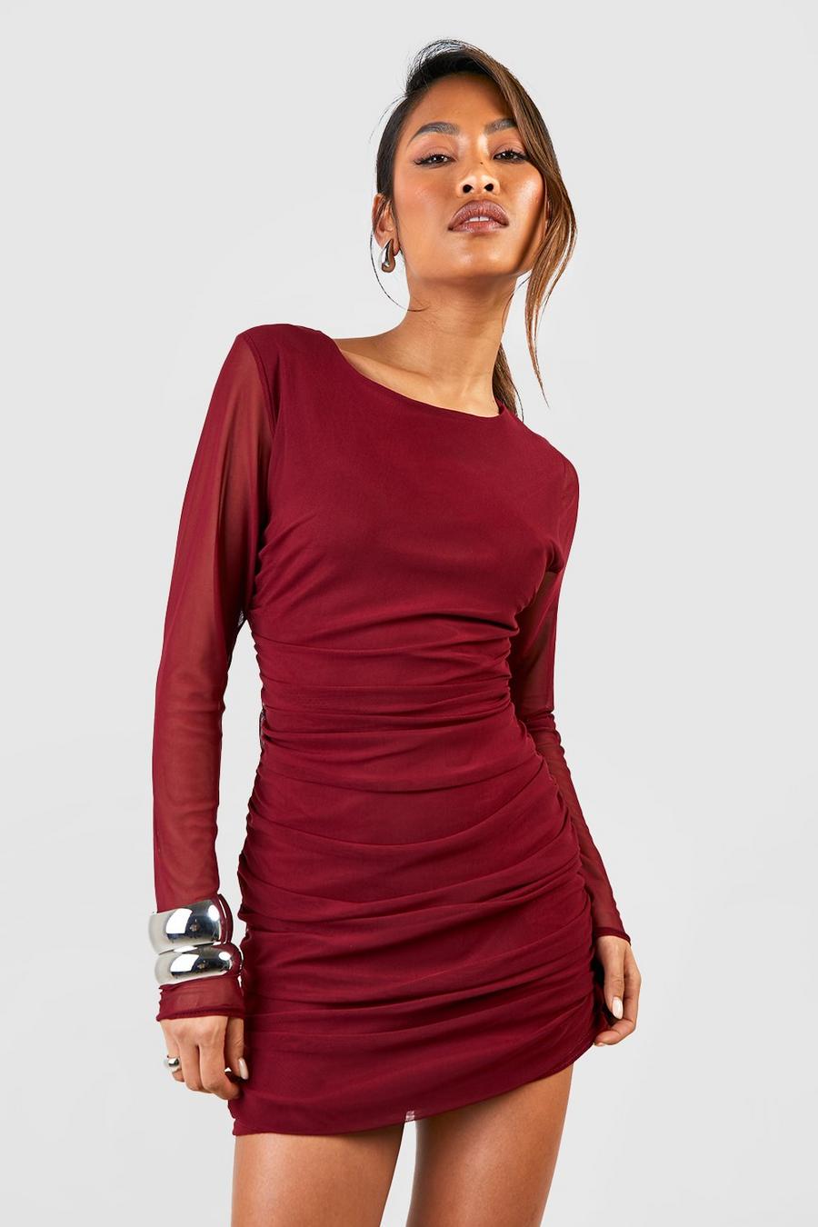 Berry Rouched Long Sleeve Mesh Mini Dress image number 1