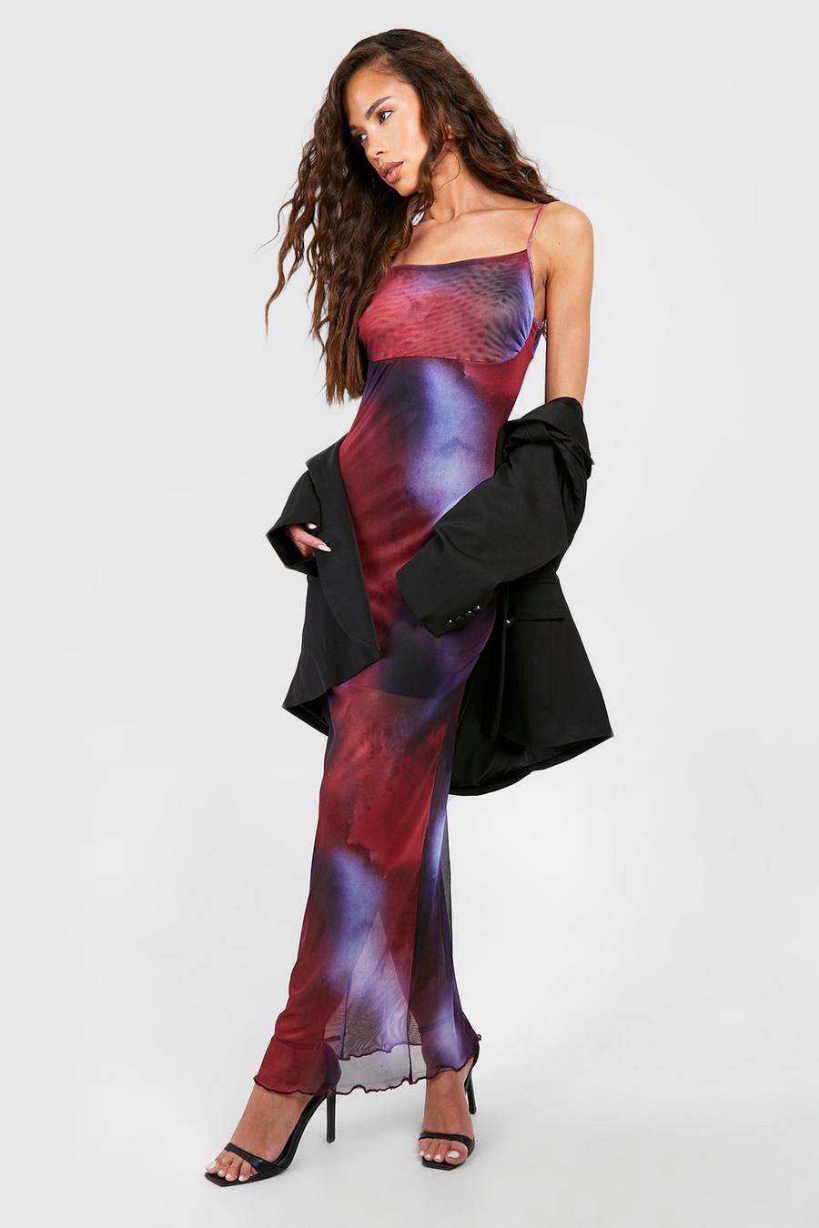 Vestito maxi pull-on in rete con stampa astratta, Purple