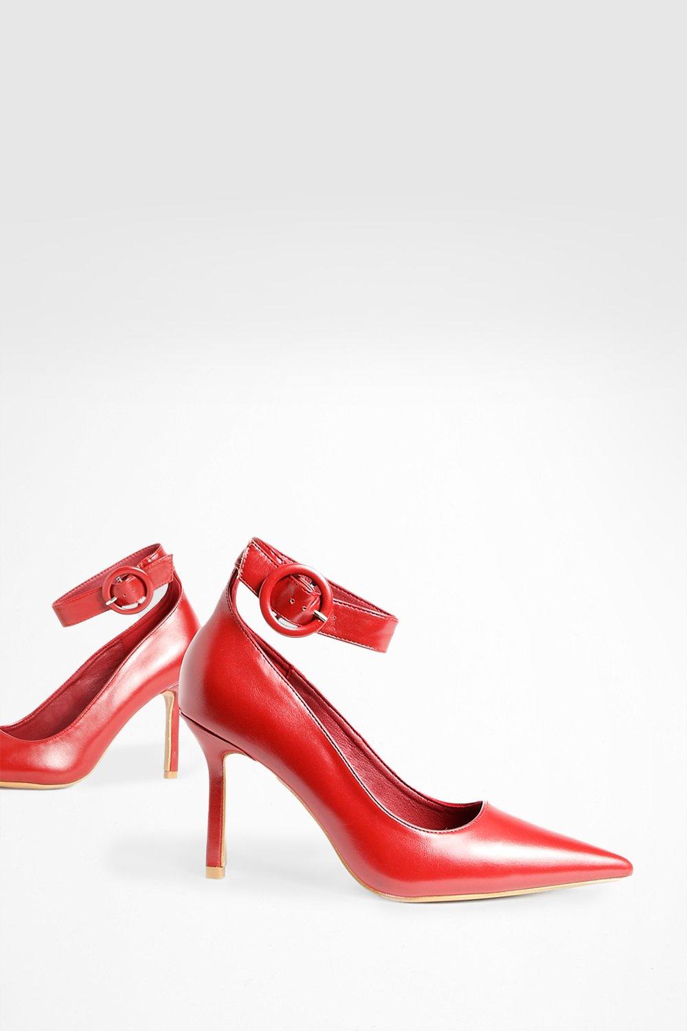 Red best sale buckle shoes