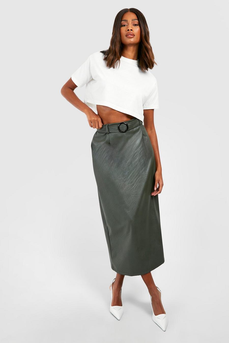 Khaki Belted Pu Midaxi Skirt  image number 1