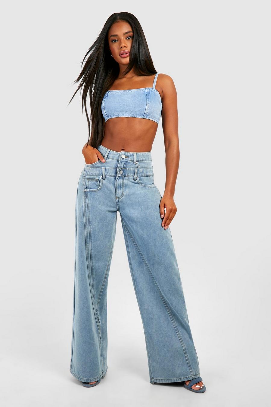 Light blue Wide Leg Jeans With Front And Back Waistband Panel image number 1